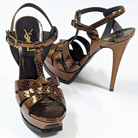 PRE-OWNED - Yves Saint Laurent Tribute Metallic Snakeskin Heel Sandals Size 39.5 - Picture 13 of 14
